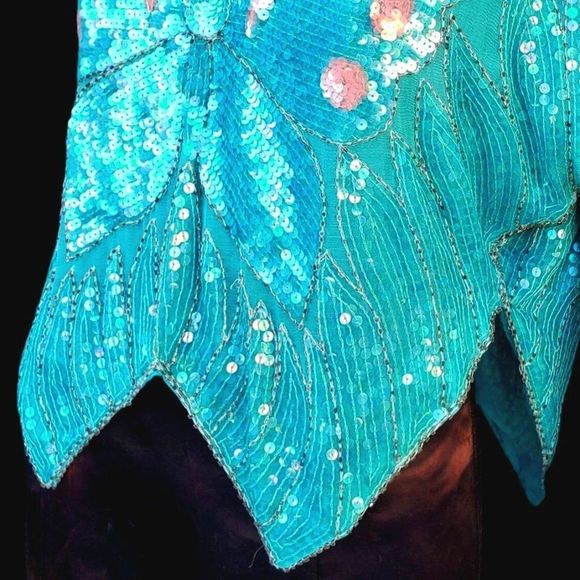 Butterfly Sequin Top Beaded 70s Disco Glam Blue Turquoise Green - Picture 8 of 10